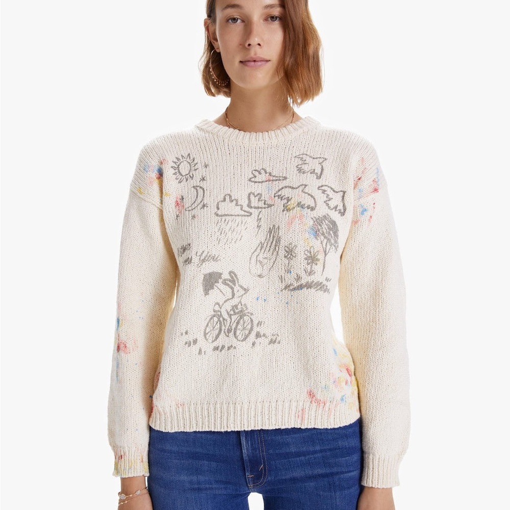 MOTHER Cream Pullover Sweater with Multicolor Sketch Details